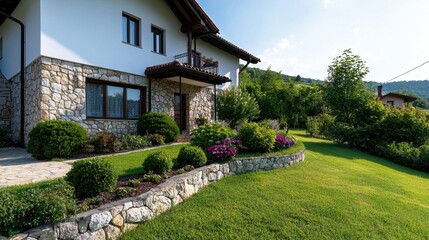 Obraz premium A large house with a stone exterior and a lush green lawn