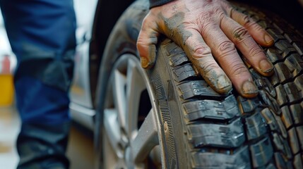 Mechanic inspecting tire tread in a garage during a routine check for vehicle maintenance and safety
