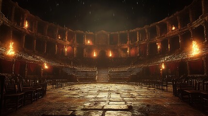 Ancient roman amphitheater illuminated by torches in a dramatic night setting