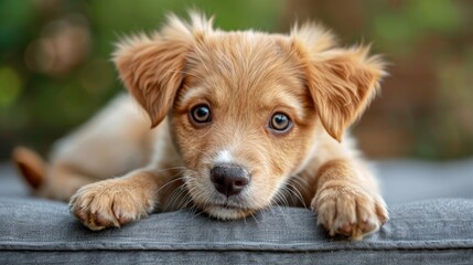 Cute brown puppy with blue eyes resting on a gray cushion in a garden during a sunny afternoon