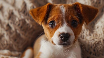 Small brown and white puppy looking curiously at the camera while resting on a cozy blanket