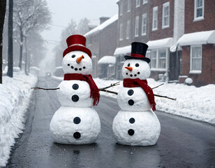 Funny pretty snowmen on a snowy street.