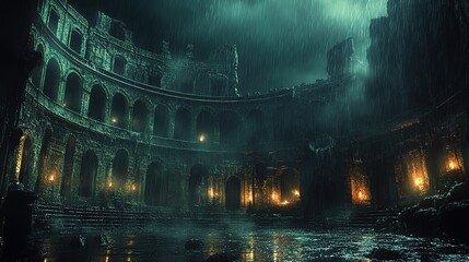 Majestic ancient coliseum at night with illuminated arches in the rain
