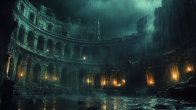 Majestic ancient coliseum at night with illuminated arches in the rain