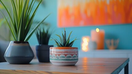 Fototapeta premium Decorative indoor plants on a wooden table with vibrant artwork and candles in a cozy living room setting