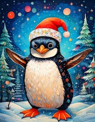 A Bubbly penguin with a Christmas hat on dancing in the snow