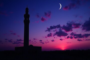 Silhouette Mosque Minaret Sunset Crescent Moon