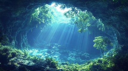 Obraz premium Lush sunlit forest cave with dramatic sunbeams and verdant foliage