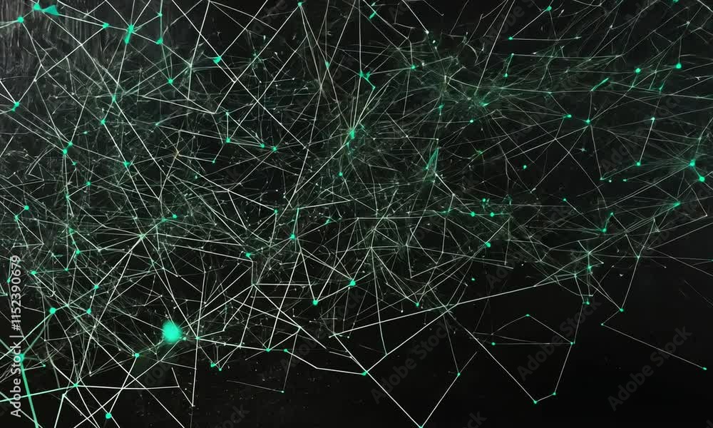 Poster abstract teal network connections digital art: intricate web of interconnected nodes on dark backgro
