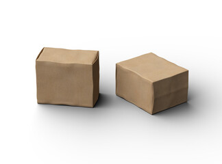 Rendered image of rectangular cardboard box with dents on a transparent background