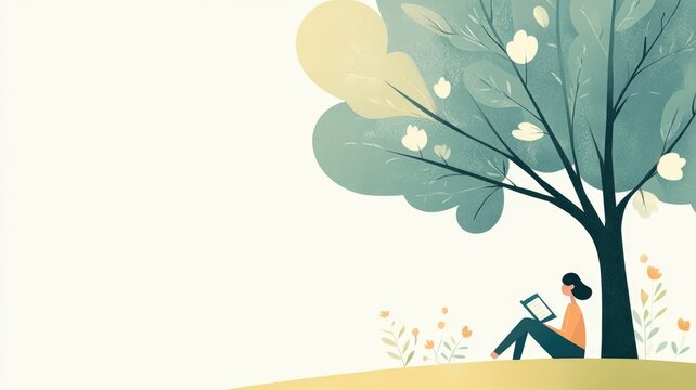 Peaceful reading under a tree on a sunny day - nature relaxation concept for tranquil moments