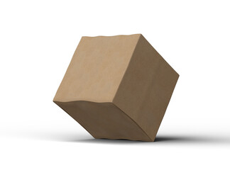 Rendered image of a small cubic cardboard box with dents on a transparent background