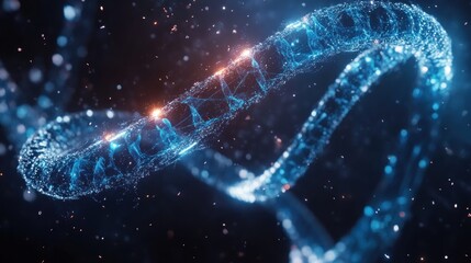 Glowing blue DNA helix, particle effects, dark background.