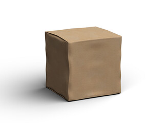 Rendered image of a small cubic cardboard box with dents on a transparent background