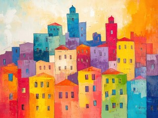 Colorful buildings in a bright abstract cityscape