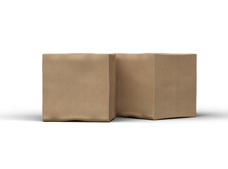 Rendered image of a small cubic cardboard box with dents on a transparent background