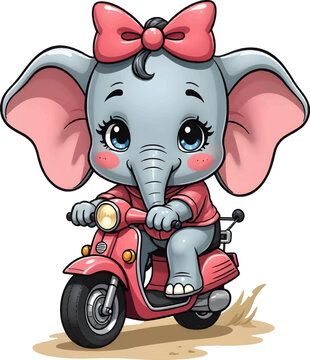 Pink girl elephant with coquette bow on motorcycle, Cute watercolor elephant vector, Cute Baby Elephant illustration good for birthday, baby shower, nursery illustration sublimation	 