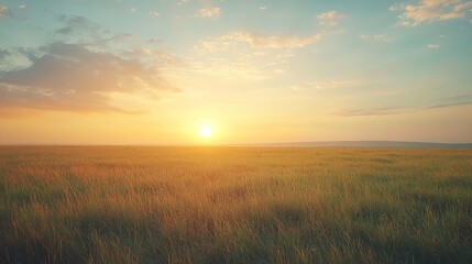 Golden sunlight bathes vast grassland, creating serene atmospher