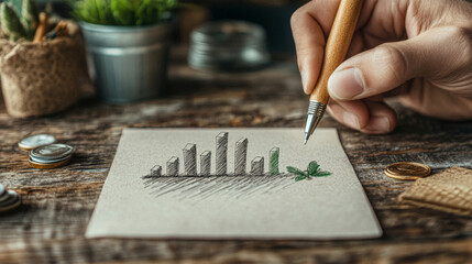 Obraz premium Sustainable growth concept with hand-drawn graph and green leaf on rustic table
