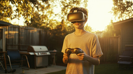 Teen experiencing virtual reality outdoors at sunset with vr headset and controller