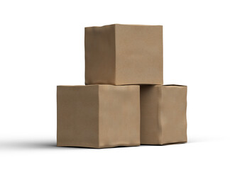 Rendered image of a small cubic cardboard box with dents on a transparent background