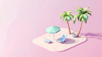 Obraz premium Minimalist Tropical Beach Scene with Palm Trees and Lounge Chairs
