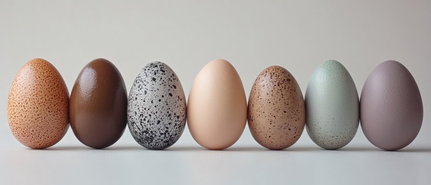 Seven various colored eggs in a row