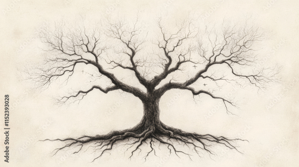 Poster intricate bare tree with expansive roots and branches on textured background
