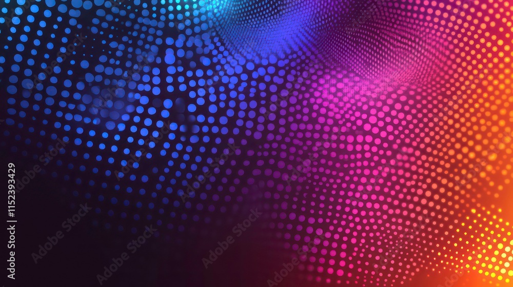 Poster abstract colorful wave pattern of glowing dots on dark background.