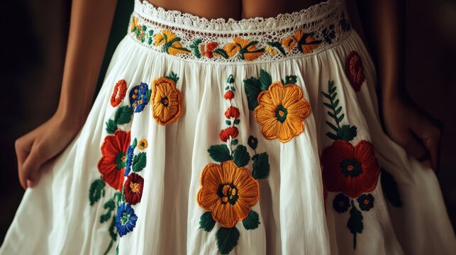 CloseUp of Woman in White Skirt with Embroidered Flowers