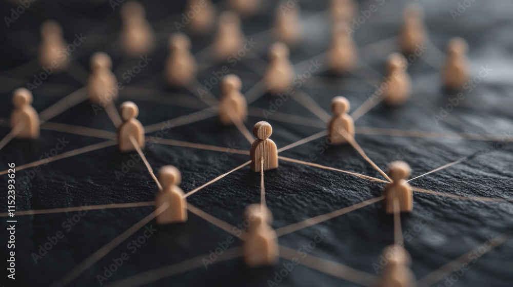 Poster connected wooden figures on dark surface illustrating networking and communication