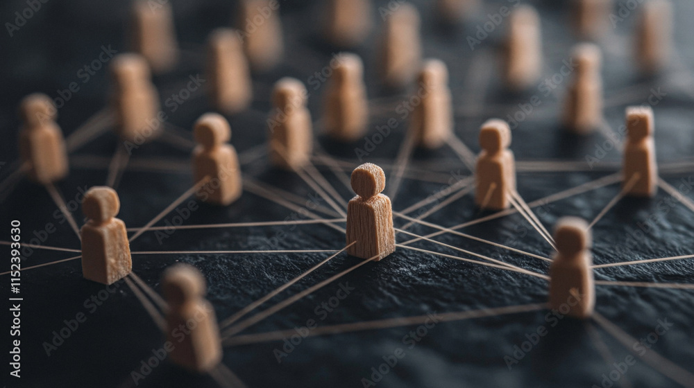 Poster wooden figures network connected by strings symbolizing community and communication
