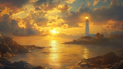 Fototapeta premium Coastal scene with a lighthouse reflecting in calm waters, framed by rocky shorelines and soft golden light.