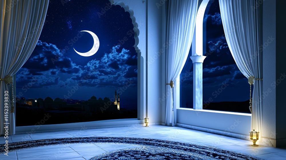 Poster crescent moon visible from window with glowing path