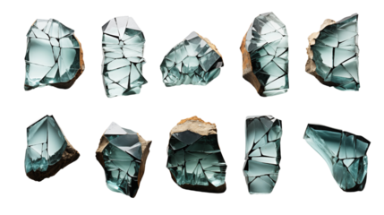 Cracked glass fragments in various shapes, highlighting sharp, edgy designs, studio view, isolated on transparent background.