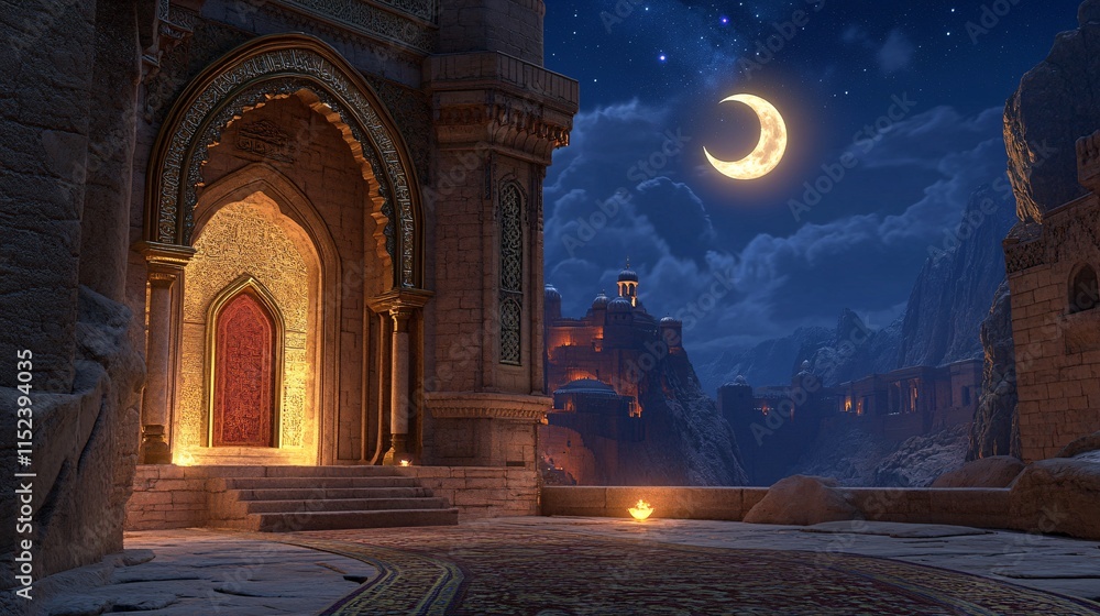 Poster glowing path with crescent moon visible from window