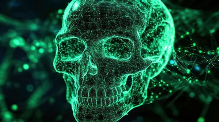 abstract digital evil grin skull in green glowing light