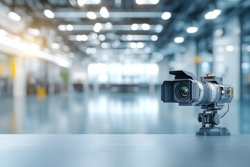 Camera positioned on table with blurred industrial background, s