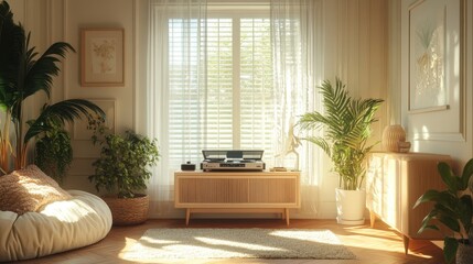 Cozy room with a vintage record player, soft pastel colors, and plants, creating a relaxed, inviting atmosphere.