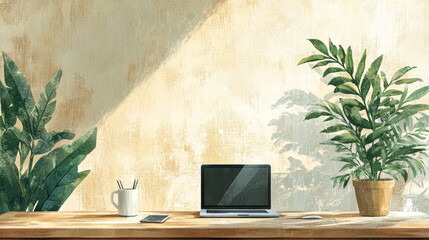 Home office workspace with laptop and potted plants for a modern minimalist aesthetic