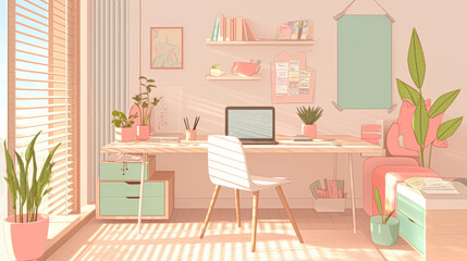 Modern pastel home office with greenery and minimalist decor