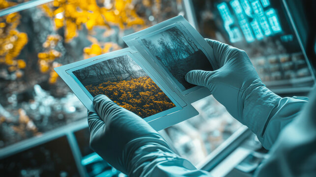 Scientist analyzing nature photographs in laboratory for environmental research - Powered by Adobe