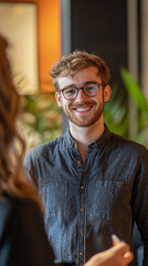 Naklejka premium Photo Description: Collaborating successfully with a new person, exchanging smiles