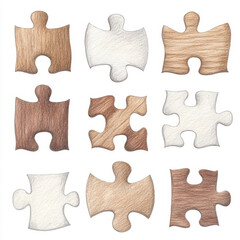 Diverse puzzle pieces showcasing wood and ivory textures on white background
