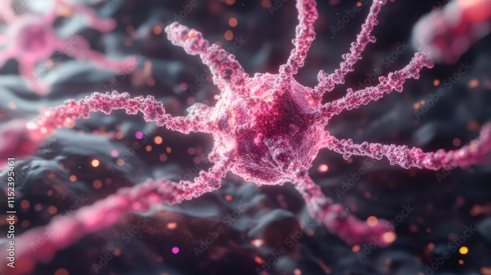 Aufkleber intricate network of pink neurons with glowing connections in a microscopic view