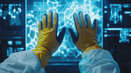 Scientist analyzing data on digital display with protective gloves
