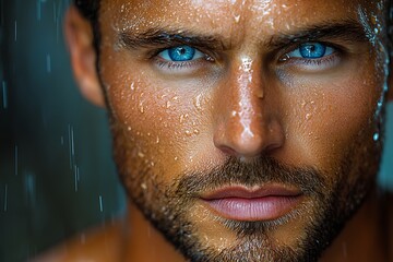 Wet Man Intense Gaze Blue Eyes Close Up