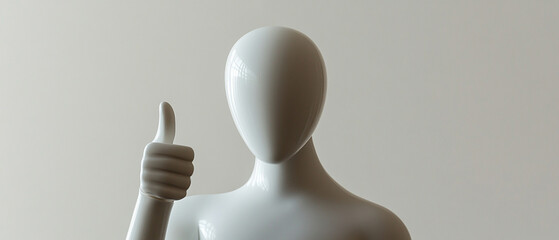 Photo of a white humanoid robot with no face giving a thumbs up, symbolizing success in AI technology. 