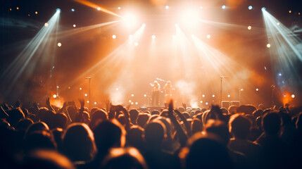 photo of rock band concert, seen from audienceâ€™s point of view. Use the face of one of audience as blurred foreground