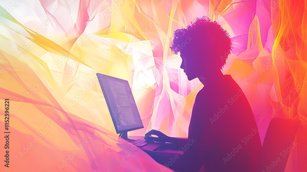 Poster silhouetted person working on computer code in vibrant hues